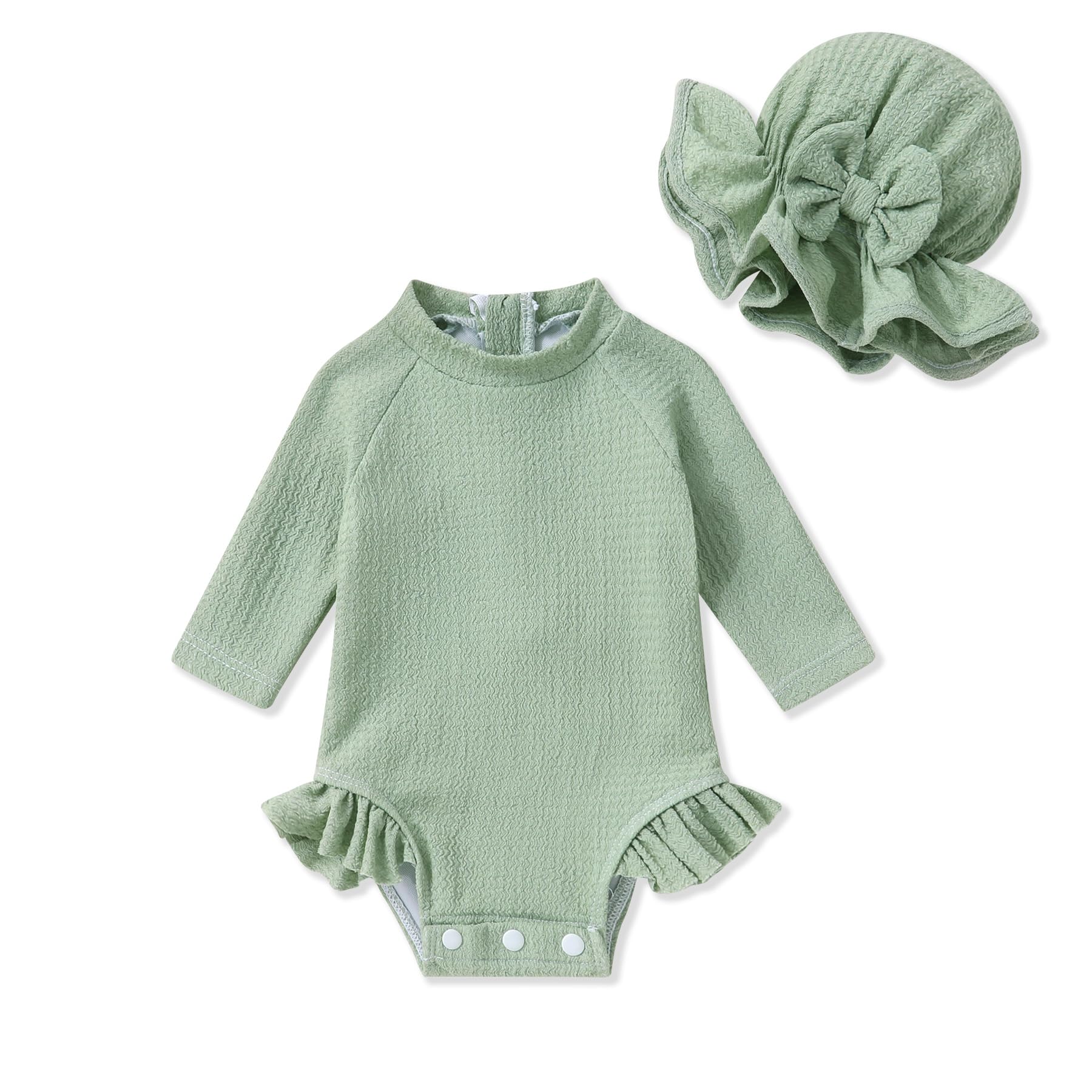 YOUNGER TREE Infant Baby Girls Long Sleeve Swimsuit One Piece Swimsuit Solid Color Bathing Suit with Hat, UPF 50+（Light Green, 3-6 Months）