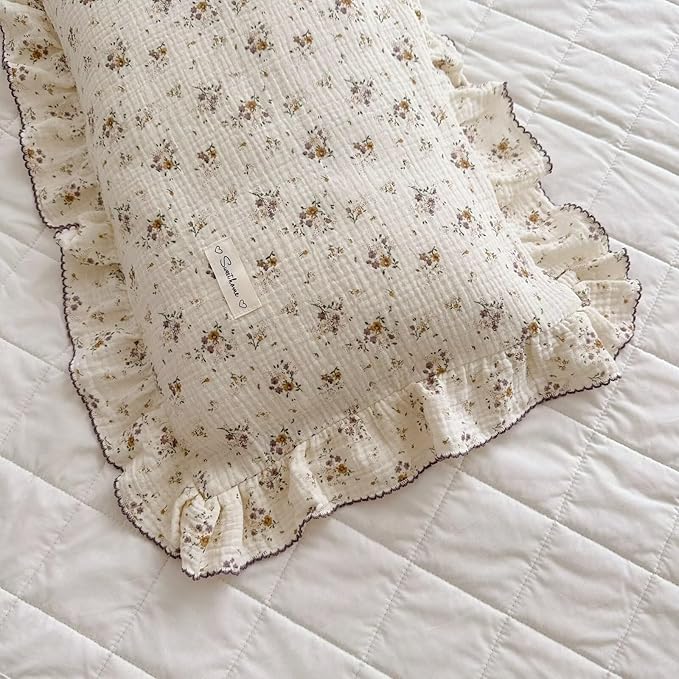 BuLuTu Cotton Muslin Pillow Case King Pillowcase Sweet Floral Design Pillowcases Enveloped Closure Vintage Ruffled Pillow Cover for Teens Adults, 20x36 inch, 1 Piece, Crapemyrtle