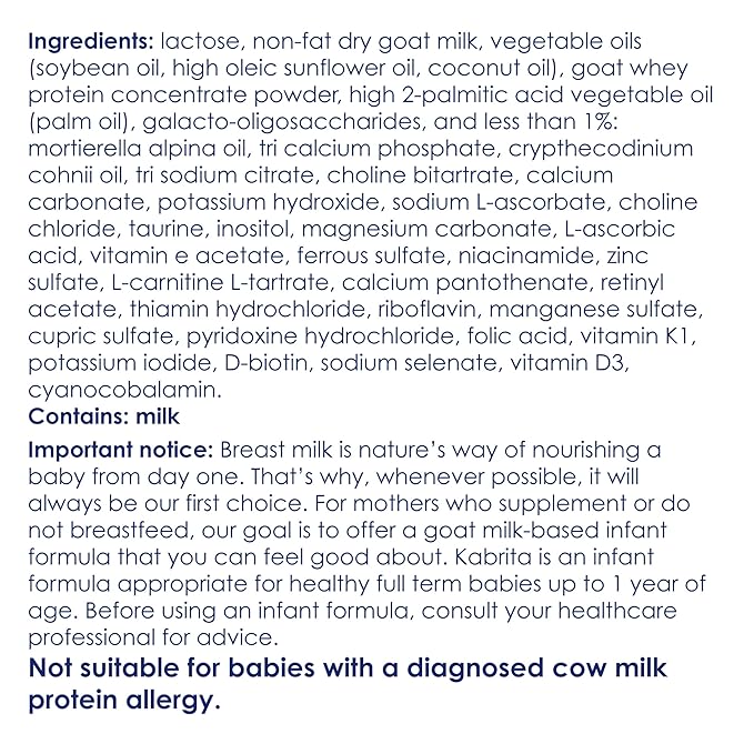 Kabrita Goat Milk-Based Infant Formula Powder with Iron, DHA, ARA & Prebiotics, for Infants 0–12 Months, Non-GMO, 28 oz