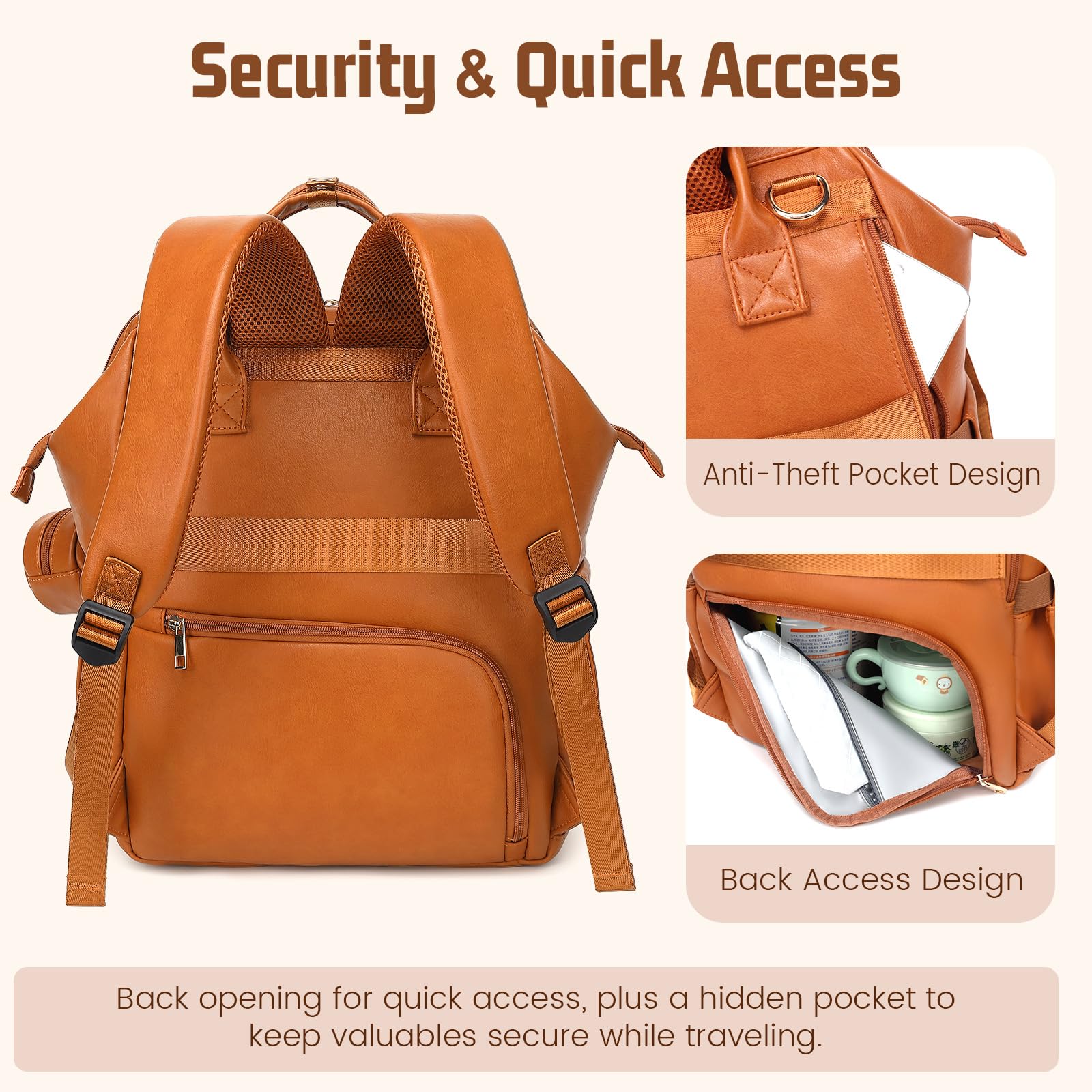 ROSEGIN Premium Vegan Leather Diaper Bag Backpack with Waterproof Changing Pad – Reinforced Stitching & Zippers, Baby Bag for Boy Girl, Stroller Straps, Ergonomic Design for Traveling Moms, Brown