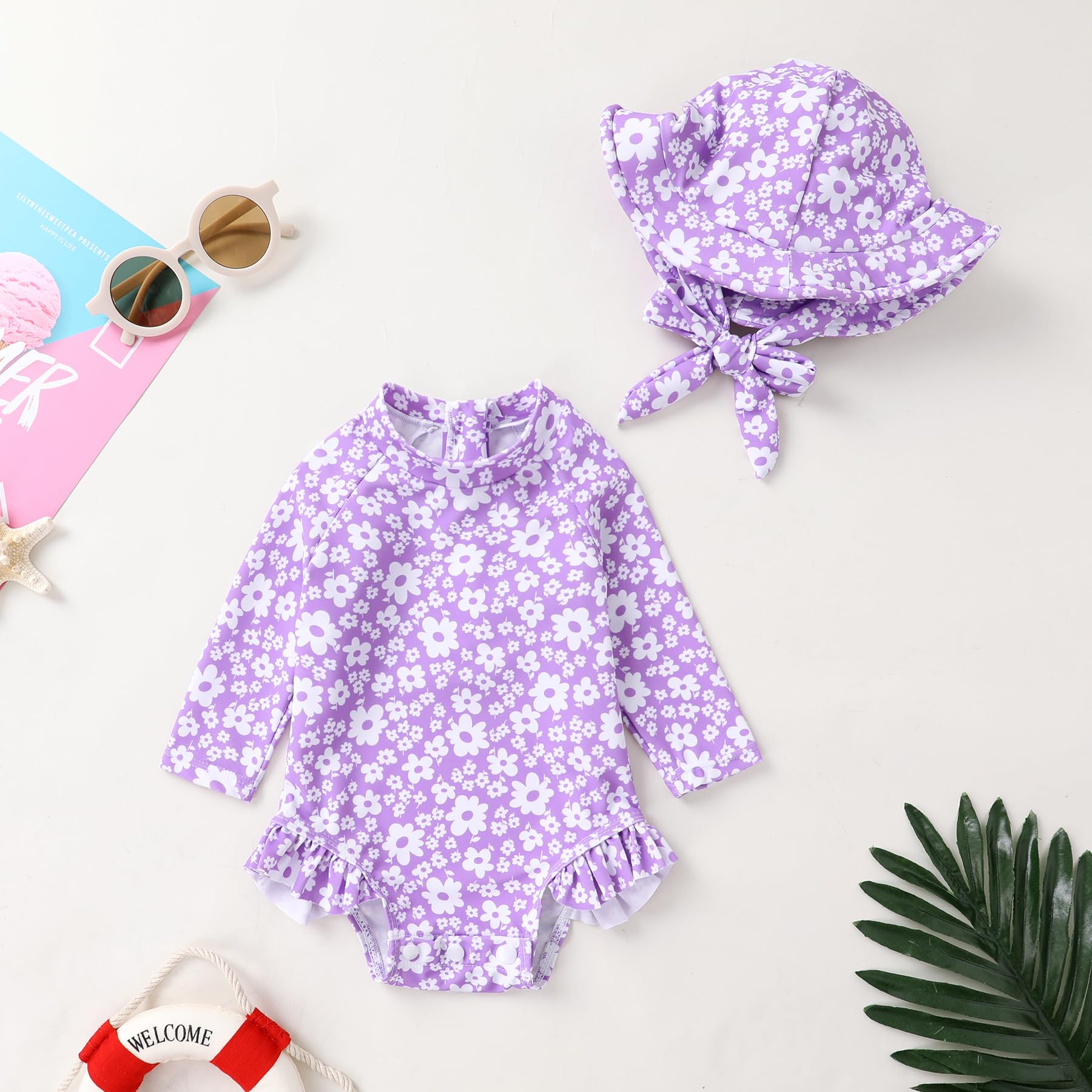 Infant Baby Girl Swimsuit One-Piece Long Sleeve Rash Guard with Hat Set Floral Zipper Bathing Suit Leopard Beach Wear(Purple#Flower,18-24 Months)