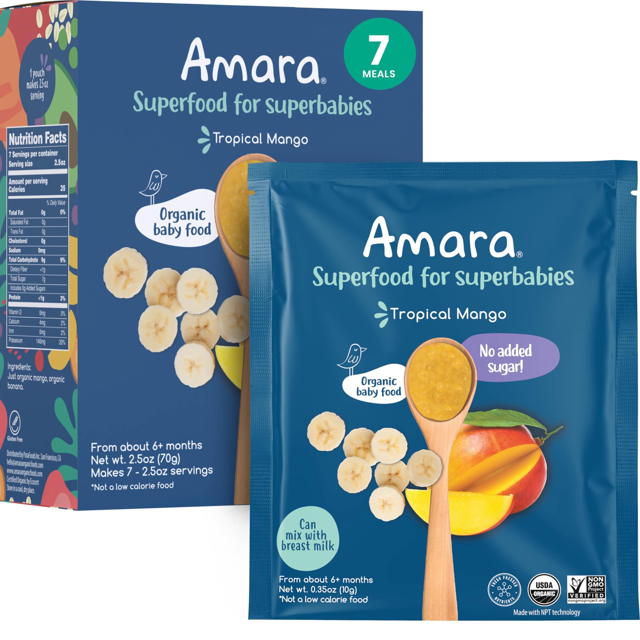 Amara Organic Baby Food - Stage 2 - Tropical Mango - Baby Cereal to Mix With Breastmilk, Water or Baby Formula - Shelf Stable Baby Food Pouches Made from Organic Fruit - 7 Pouches, 3.5oz Per Serving