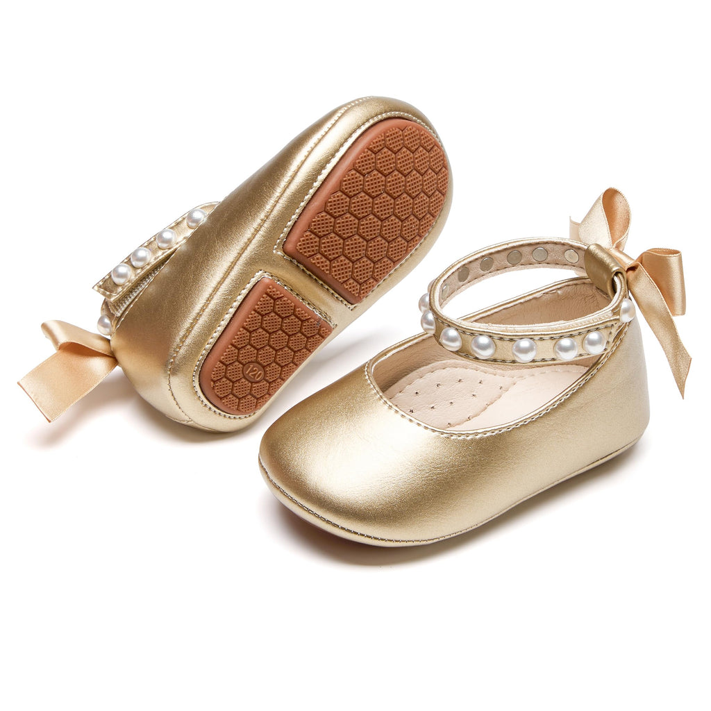 PHIRAMIN Baby Girls Gold Mary Jane Flats - Infant 9-12 Months Walking Shoes Soft Rubber Sole Princess Wedding