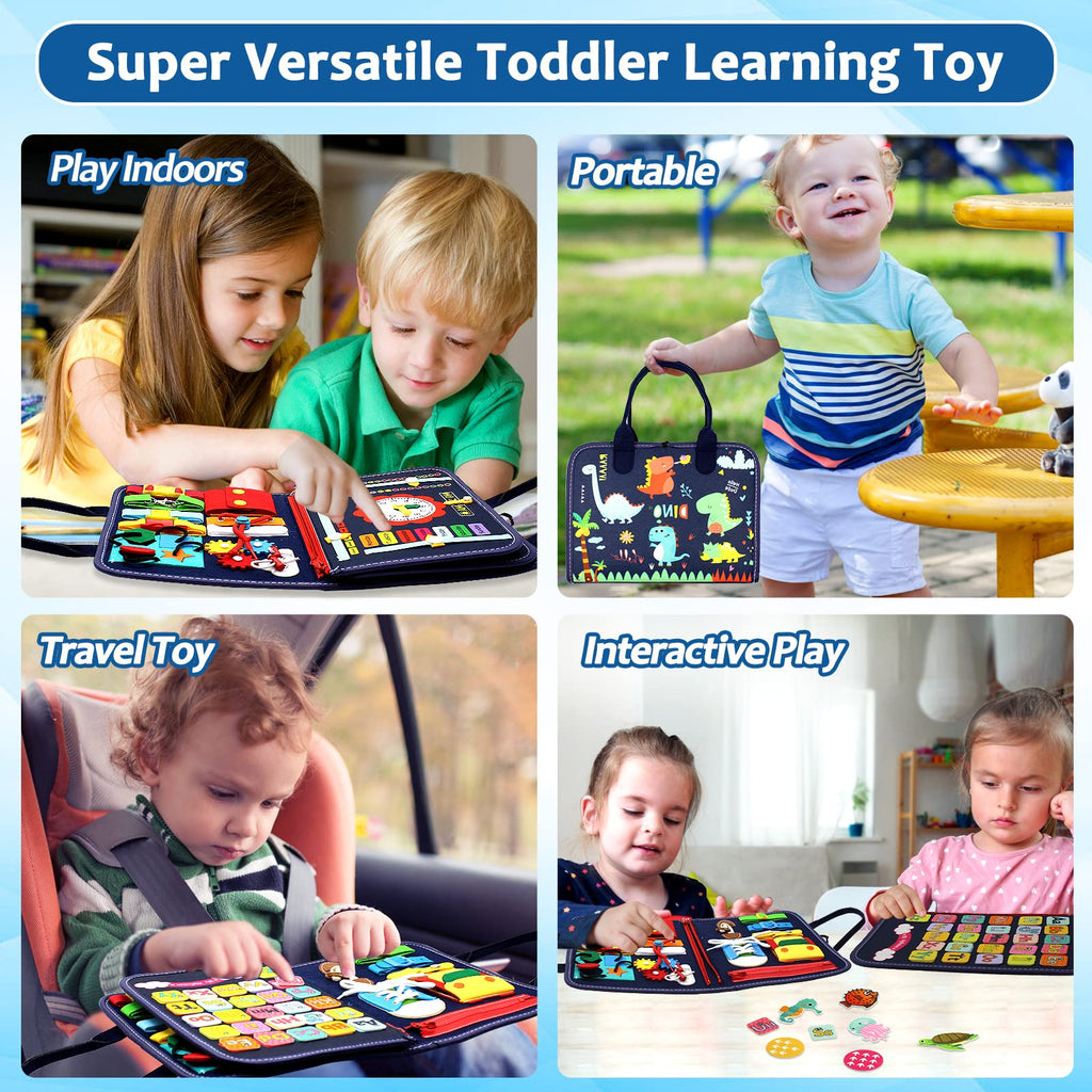 Qizfun Montessori Busy Board & Busy Book for Toddlers – Sensory & Learning Toy that Keeps Kids Busy, Travel Toy for Airplane & Car, Screen for Boys & Girls (Blue/P4)
