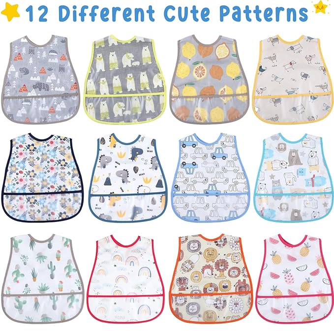 Jeyiour 12 Pcs Baby Waterproof Bibs with Food Catcher Adjustable Snaps Plastic Feeding Bibs for Toddlers, 6 to 36 Months