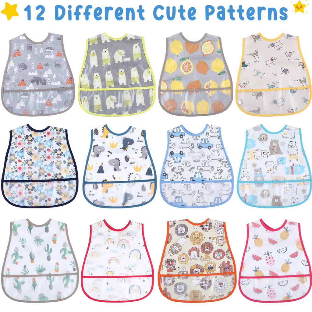 Jeyiour 12 Pcs Baby Waterproof Bibs with Food Catcher Adjustable Snaps Plastic Feeding Bibs for Toddlers, 6 to 36 Months