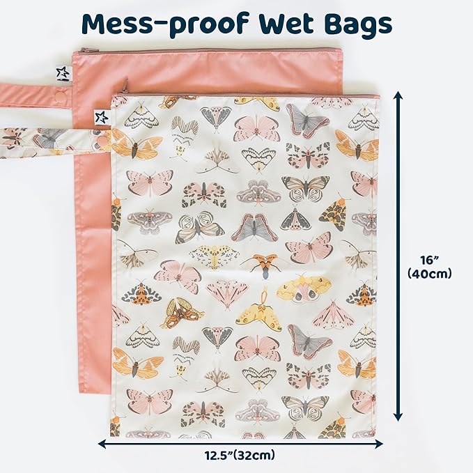 Tiny Twinkle Wet Dry Bag – 2 Pack Reusable Waterproof & Mess Proof Wet Bags for Swimsuits & Travel, Baby Towels & Beach Essentials,a Diaper Bag Must-Have(Flutter)