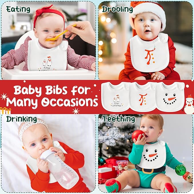 3Pcs Christmas Baby Cotton Bibs with Resin Button Newborn Infant Bibs Christmas Keepsake Baby Gift for Drooling Feeding