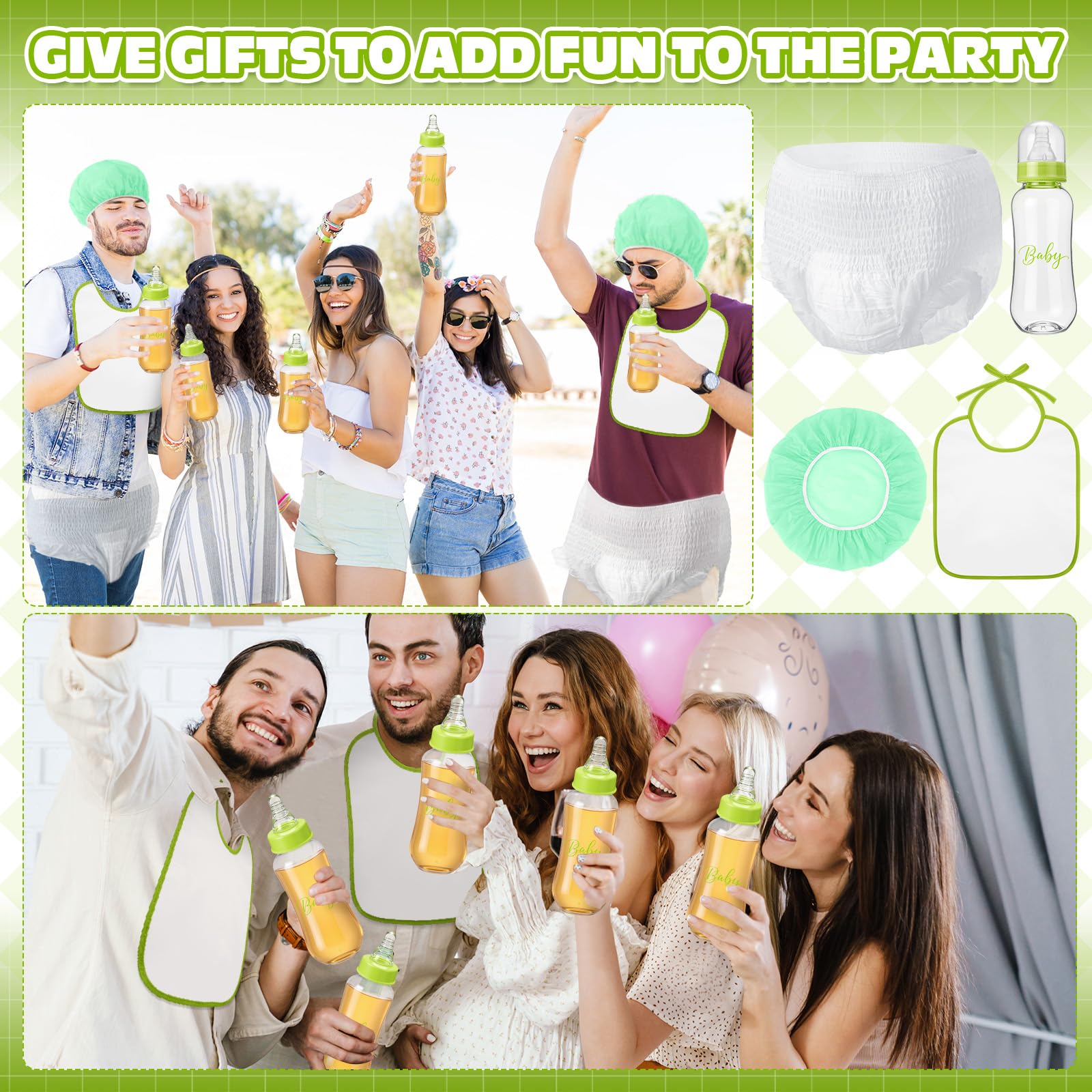 6 Sets Bottle Chug Baby Shower Games Juegos Para Plastic Baby Bottles Bibs Hat Disposable Diapers Gender Reveal Games Baby Changing Diaper Race Game Decoration (Green)