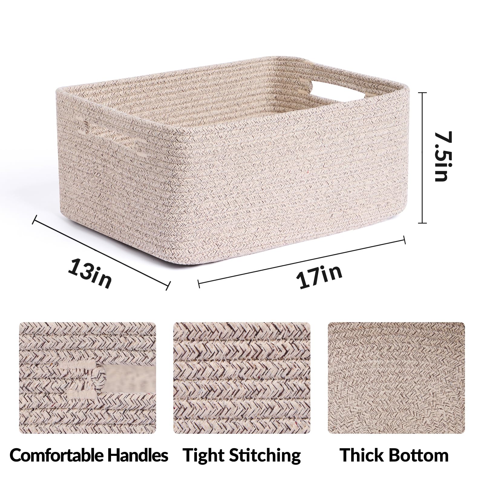 MiniArk Large Storage Baskets for Shelves, 17 x 13 x 7.5” Closet Organizers Bins for Clothes Blanket Towels, Baby Nursery, Toy Baskets Box, Woven Rope Baskets, 2 Packs Mixed Brown