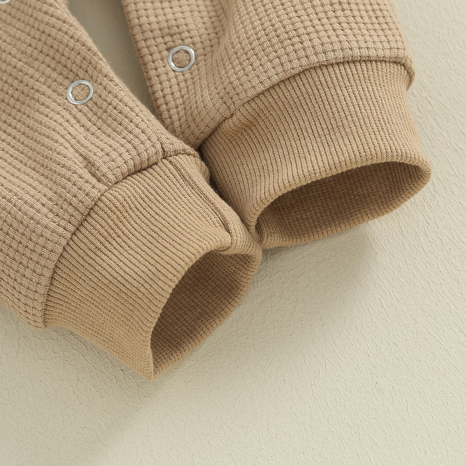 Kuriozud Newborn Baby Boy Girl Clothes Button Solid Long Sleeve Romper Jumpsuit Basic One Piece Outfits Waffle Long Sleeve Khaki, 9-12 Months