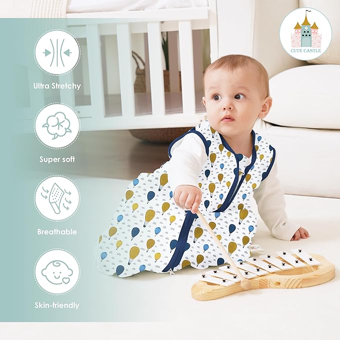 Cute Castle Baby Sleep Sack 0-6 Months - Lightweight 100% Cotton 2-Way Zipper TOG 0.5 Infant Wearable Blanket, Newborn Essentials Toddler Sleep Clothes, 3 Pack(Blue, Balloons, Animals)