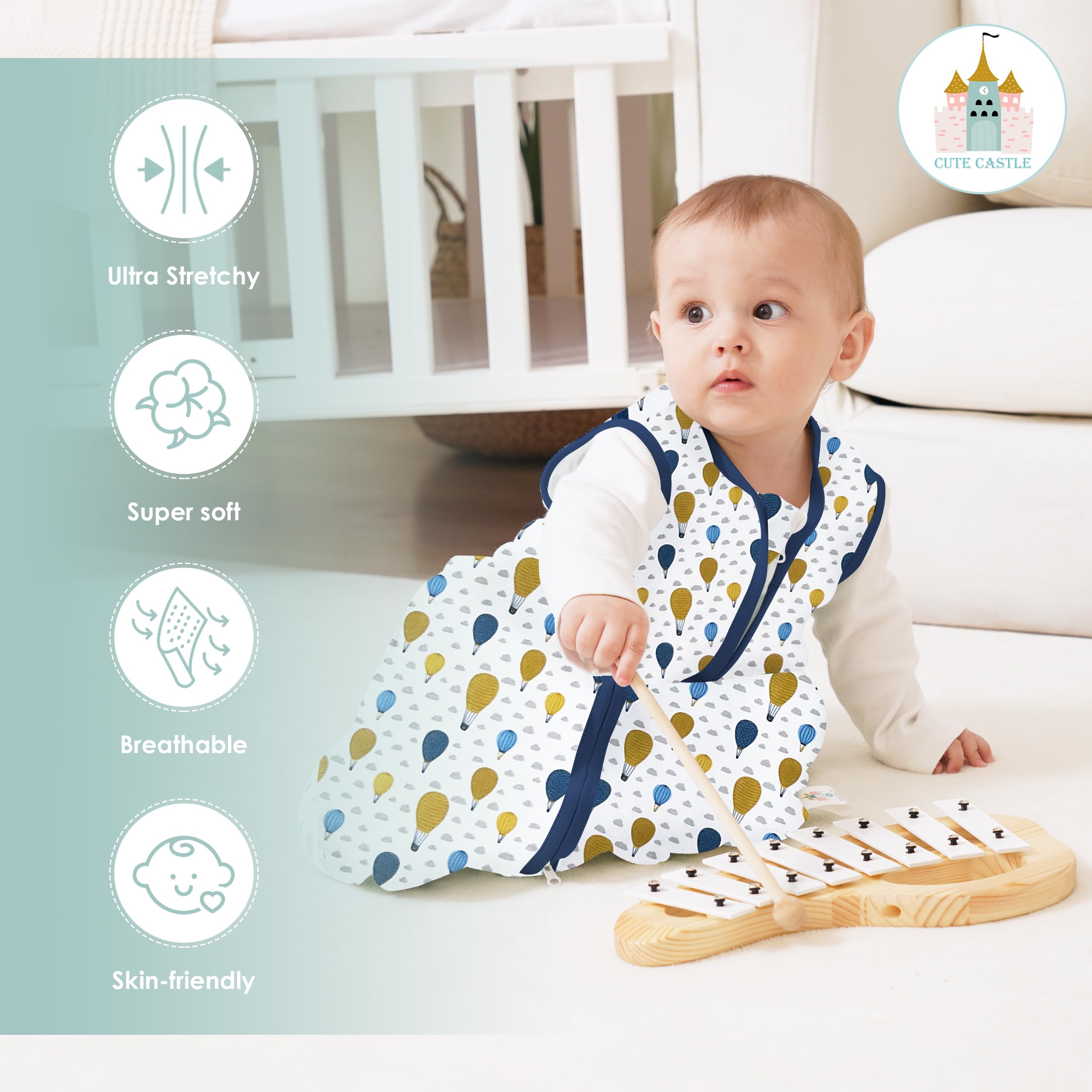 Cute Castle Baby Sleep Sack 12-18 Months - Lightweight 100% Cotton 2-Way Zipper TOG 0.5 Infant Wearable Blanket, Newborn Essentials Toddler Sleep Clothes, 3 Pack(Blue, Balloons, Animals)