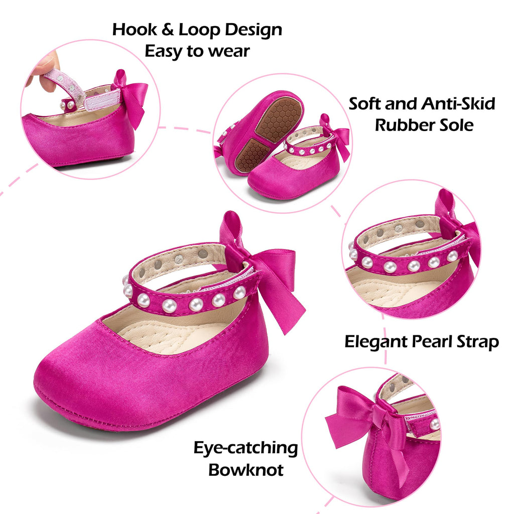 PHIRAMIN Baby Girls Satin Hot Pink Mary Jane Flats - Infant 6-9 Months Walking Shoes Soft Rubber Sole Princess Wedding