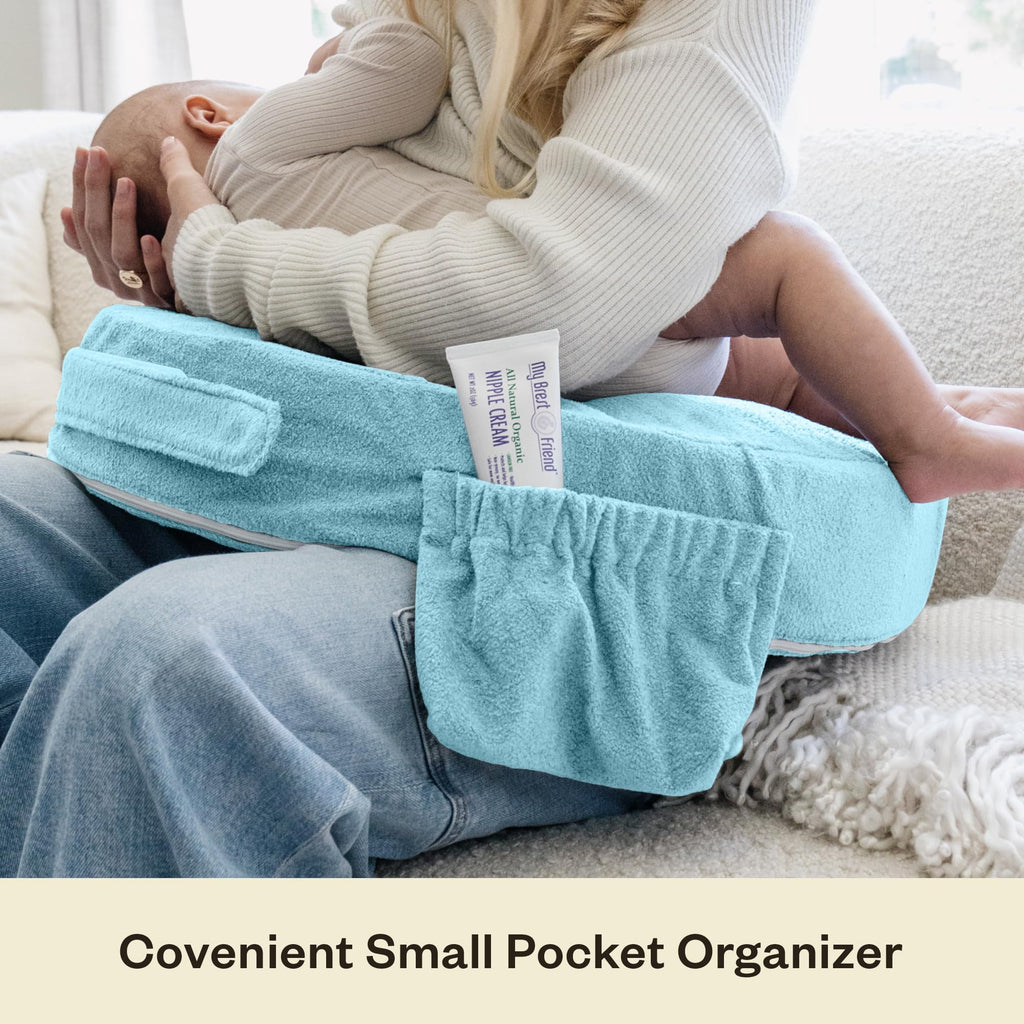 My Brest Friend Nursing Pillow - Deluxe - Enhanced Comfort w/ Slipcover - Ergonomic Design for Ultimate Breastfeeding Support For Mom & Baby - Adjustable Backrest and Handy Side Pocket, Aqua