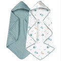 Yoofoss Hooded Baby Towels for Newborn 2 Pack 100% Muslin Organic Cotton Baby Bath Towel with Hood for Babies, Infant, Toddler and Kids, 32x32Inch, Soft and Absorbent Newborn Essential,Blue Elephant