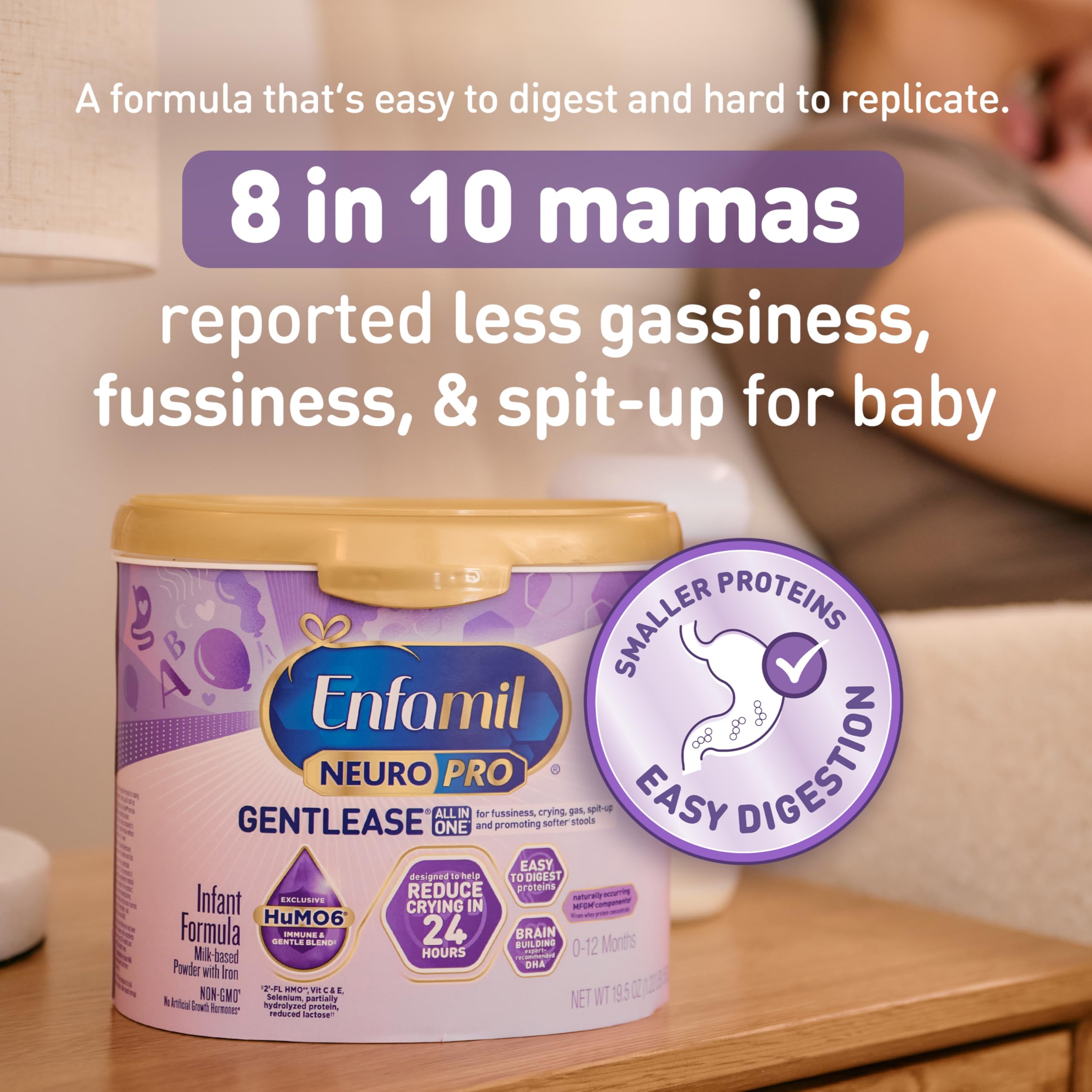 Enfamil NeuroPro Gentlease for easing Fussiness, Crying, Gas, Spit-up in 24 Hrs, Smaller Proteins for Easy Digestion, Brain Supporting DHA, Prebiotic Blend, HuMO6*, Baby Formula, Reusable Tub, 19.5 Oz