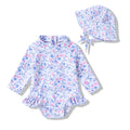 Infant Baby Girl Swimsuit One-Piece Long Sleeve Rash Guard with Hat Set Floral Zipper Bathing Suit Leopard Beach Wear (12-18 Months, Flower#2)