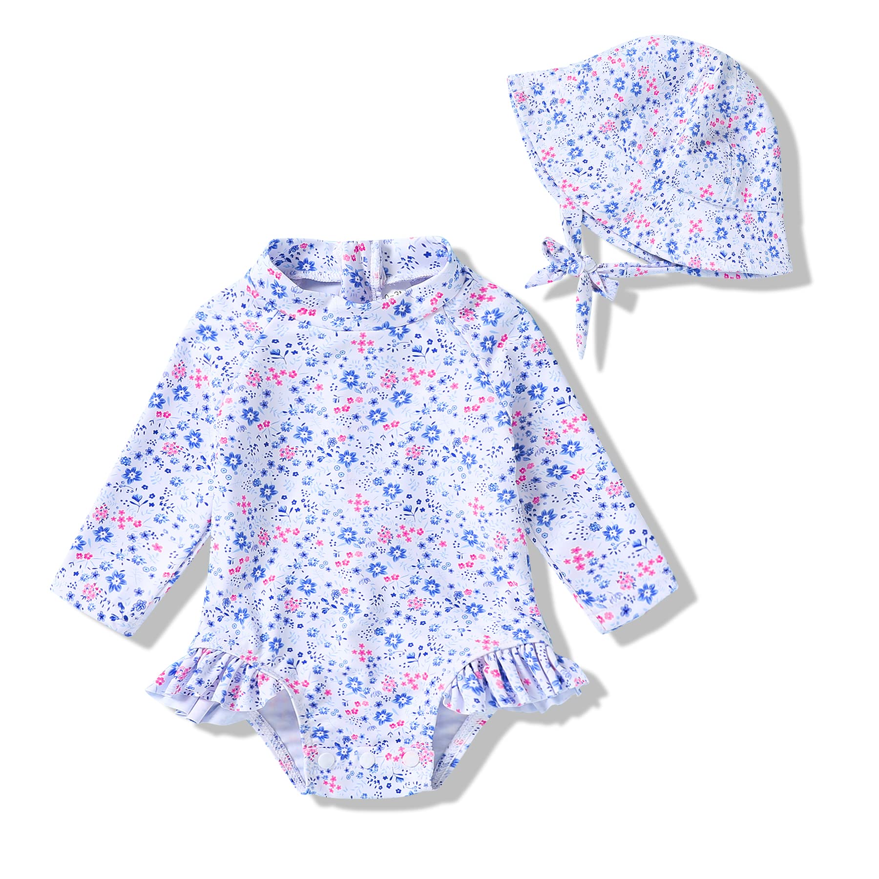 Infant Baby Girl Swimsuit One-Piece Long Sleeve Rash Guard with Hat Set Floral Zipper Bathing Suit Leopard Beach Wear (3-6 Months, Flower#2)