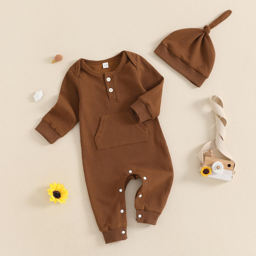 Kuriozud Newborn Infant Unisex Baby Boy Girl Clothes Button Romper Jumpsuit Basic One Piece Outfits Long Sleeve with Hat Brown, 6-9 Months