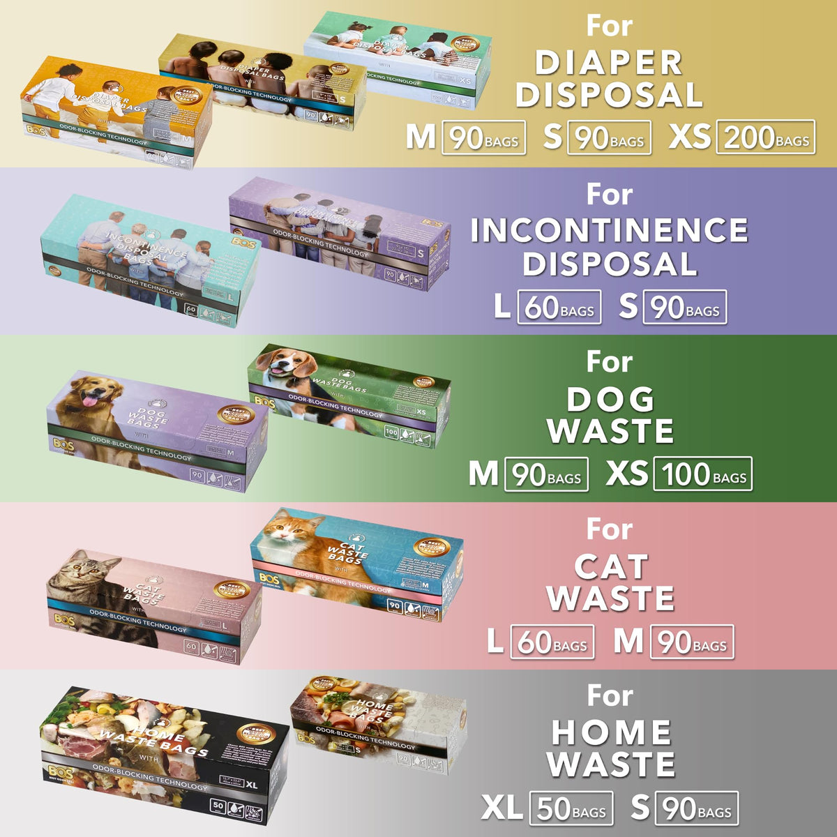 BOS, Odor-Locking Diaper Disposal Bags, Made in Japan, Unscented Smell Blocking Technology [Medium, 90 count]