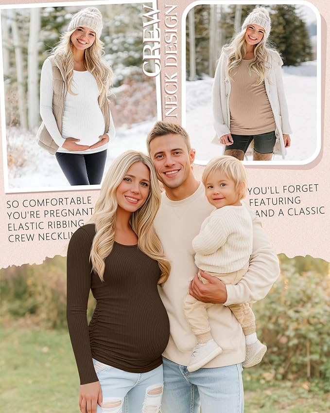 Riyiper 4 Pack Women's Maternity Shirts, Long Sleeve Cotton Ribbed Pregnancy Tee Top Crewneck Side Ruched Casual Mama Clothes