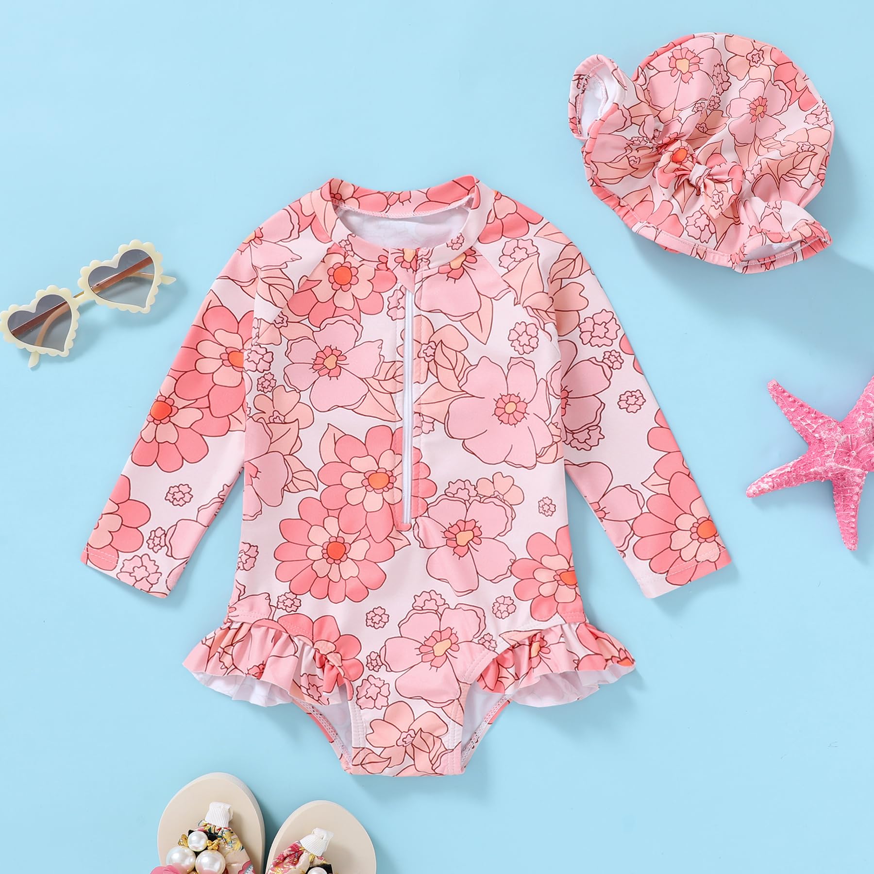 Infant Baby Girl Swimsuit One-Piece Long Sleeve Rash Guard with Hat Set Floral Zipper Bathing Suit Leopard Beach Wear(Pink#Flower, 6-12 Months)