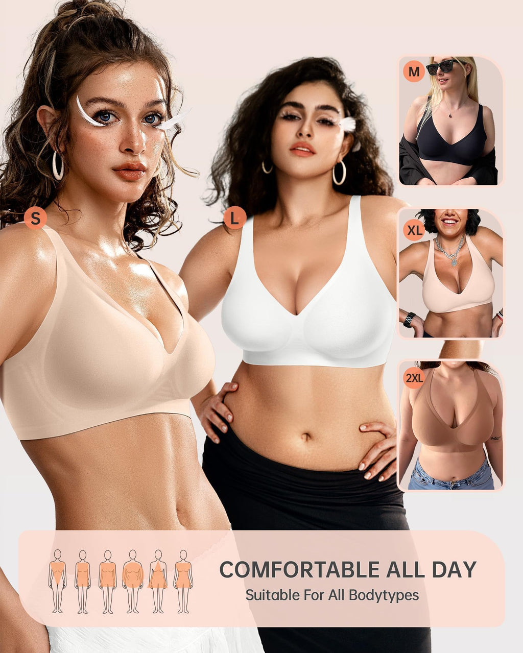 OEAK Womens Deep V Bras Wireless Comfortable Bra Supportive No Underwire Bras Tshirt Push Up Bralettes Plunge Seamless Bra Skin Color 3XL