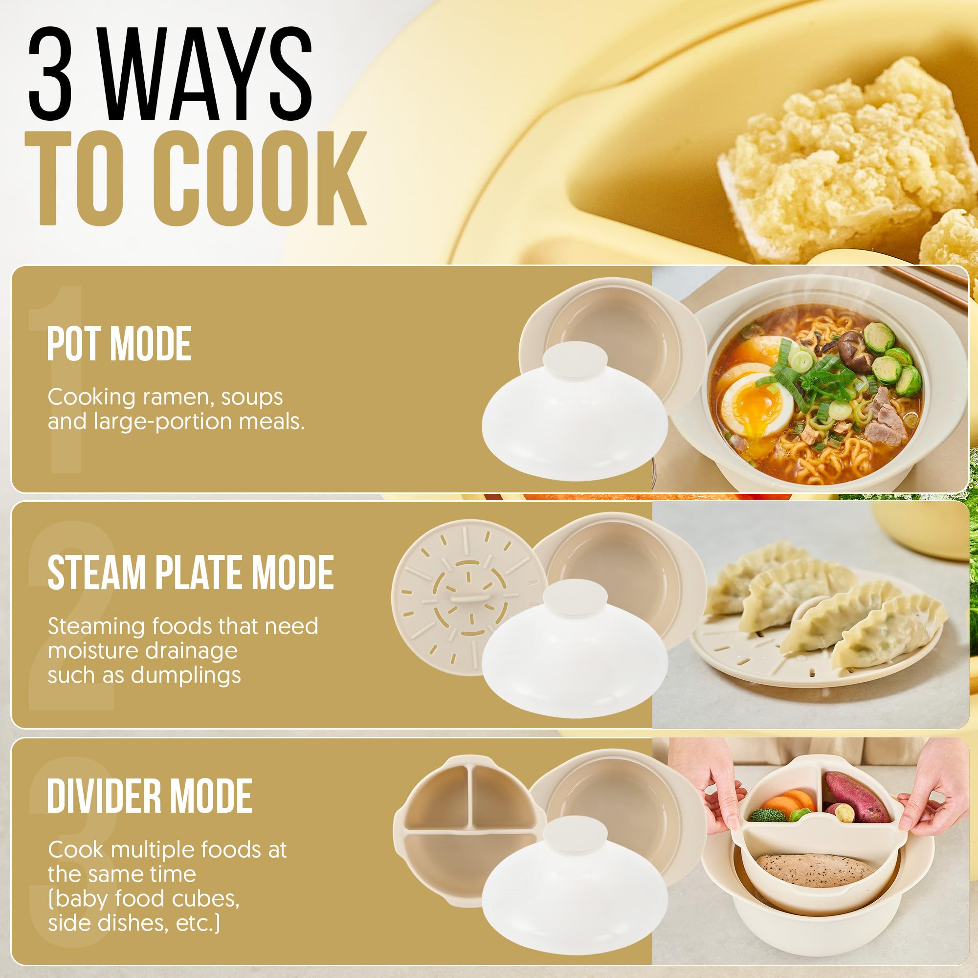 FIRGI 48oz Platinum Silicone 3 Compartmented Microwave Steamer Pot with Handle & Lid - Korean 100% Food-Grade Steamer Bowl, Heat-Resistant Cooker with Steam Holes, Easy Clean, Dishwasher Safe, Ivory