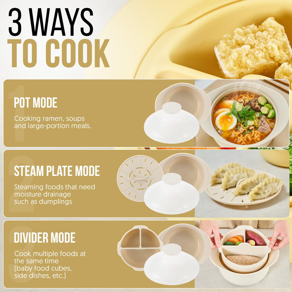 FIRGI 48oz Platinum Silicone 3 Compartmented Microwave Steamer Pot with Handle & Lid - Korean 100% Food-Grade Steamer Bowl, Heat-Resistant Cooker with Steam Holes, Easy Clean, Dishwasher Safe, Ivory