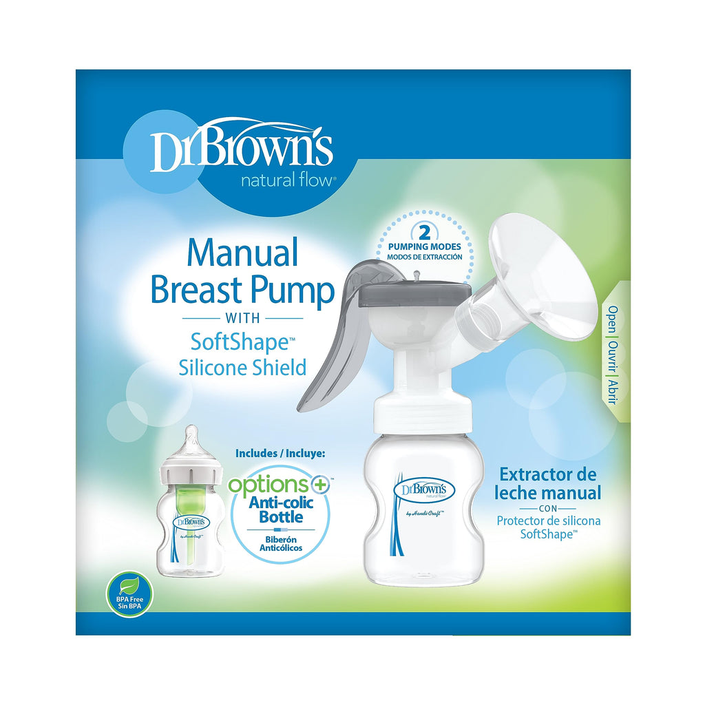 Dr. Brown’s Manual Breast Pump with SoftShape 100% Silicone Shield (B, 25mm flange) & Anti-Colic Options+ Wide-Neck Baby Bottle 5 oz/150 mL, with Level 1 Slow Flow Nipple