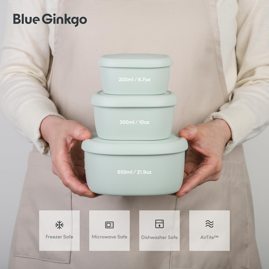 BLUE GINKGO Nesting Silicone Containers - Set of 3 Hard-Shell Silicone Food Storage Containers | BPA Free, Airtight, Dishwasher and Freezer Safe (6.7oz, 10oz, 20oz) - Green
