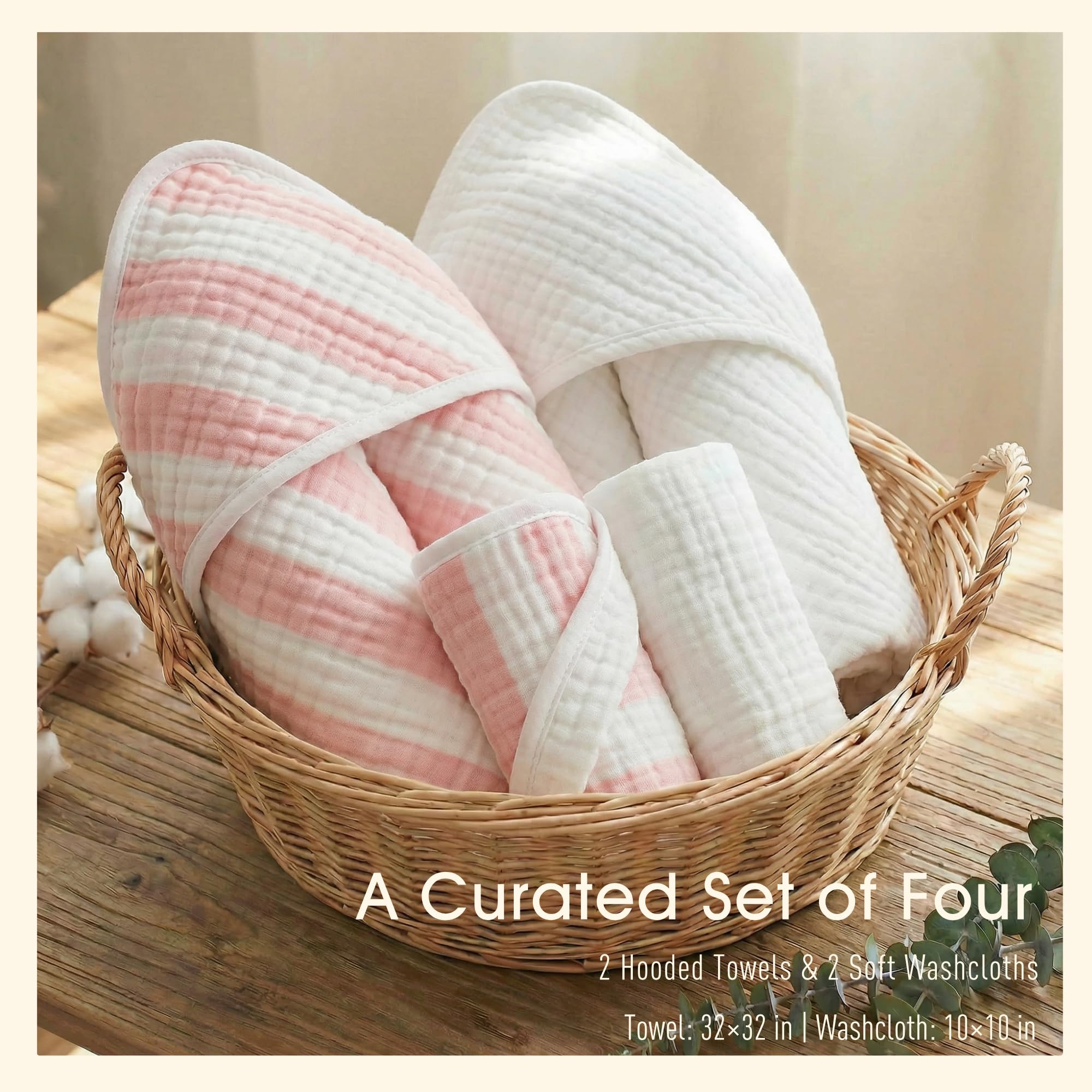 HardNok Organic Muslin Hooded Baby Bath Towel 4pc for Newborn - Pink Stripe