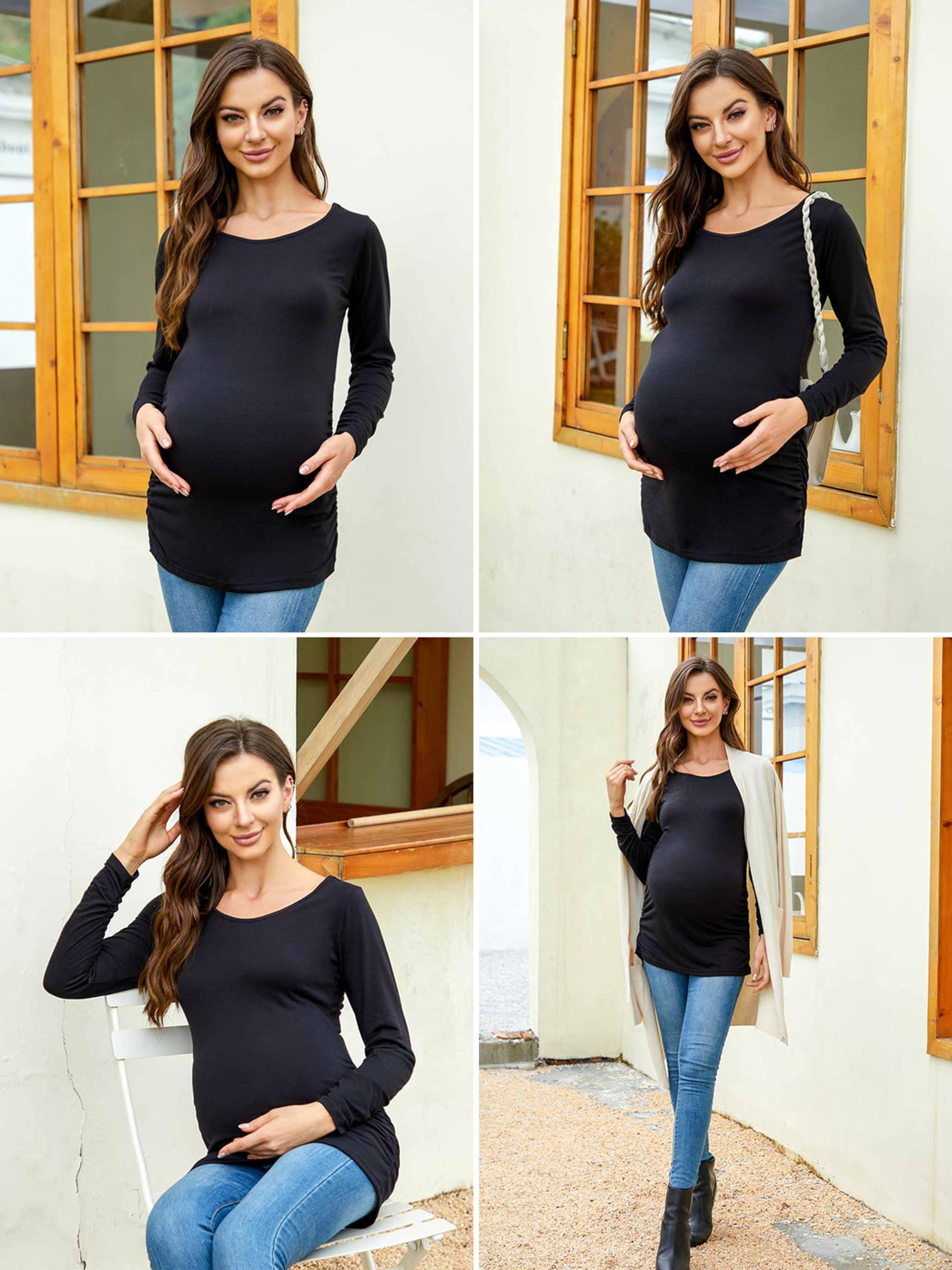 Ecavus Women's 3-Pack Maternity Shirts Long Sleeve Soft Stretchy Pregnancy Tops Side Ruched Casual Mama Clothes
