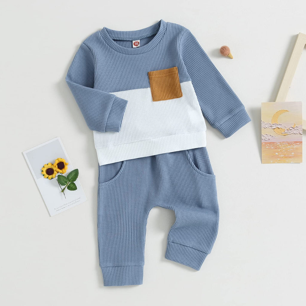 GGBNOMER Toddler Baby Boy Fall Clothes Waffle Contrast Color Sweatshirt Pants Sets Infant Winter Outfits 6 12 18 24 Months (Blue, 6-12 Months)