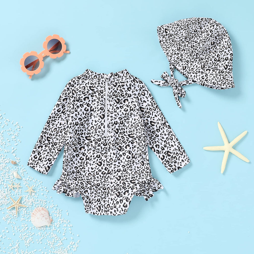 Infant Baby Girl Swimsuit One-Piece Long Sleeve Rash Guard with Hat Set Floral Zipper Bathing Suit Leopard Beach Wear(0-3 Months, Leopard)