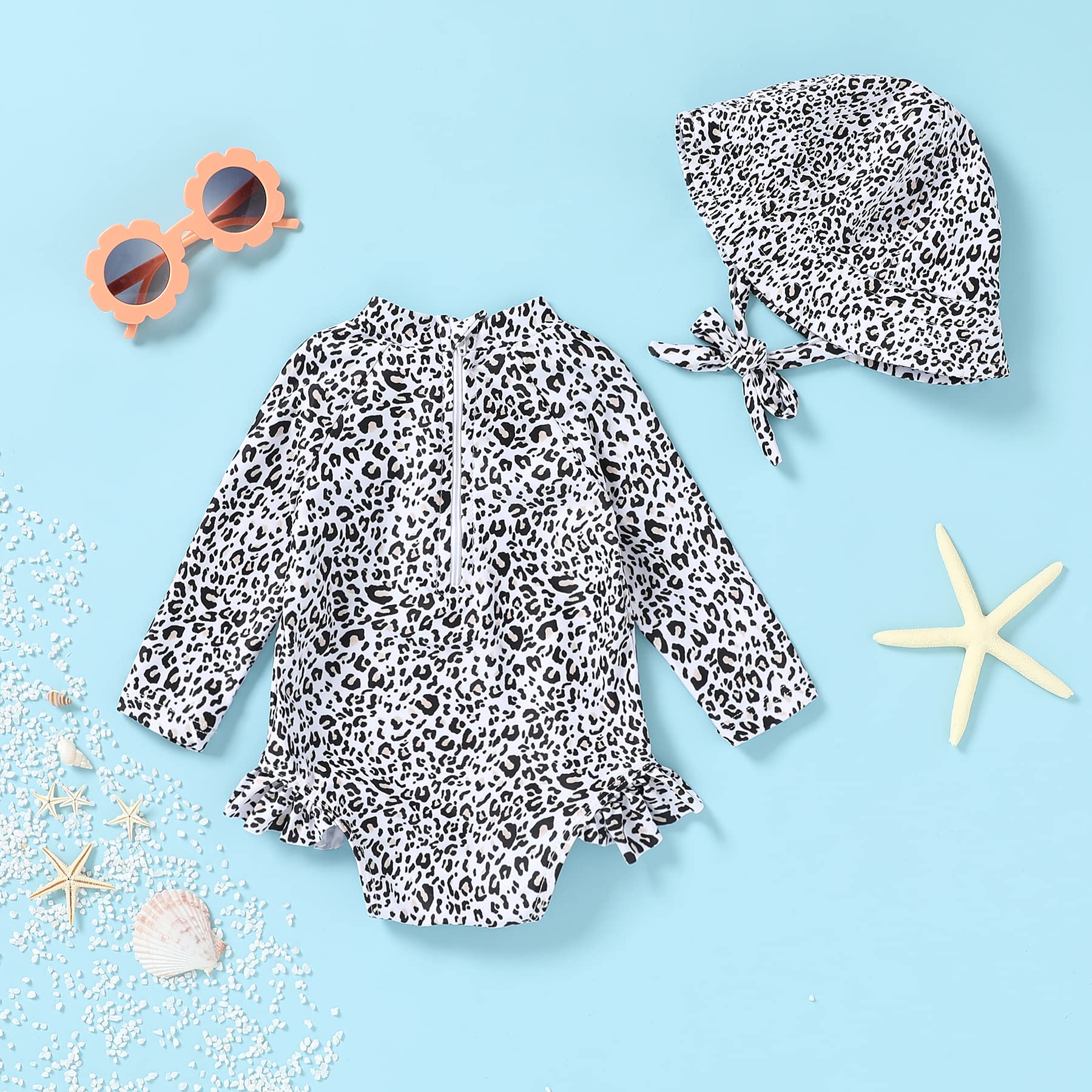 Infant Baby Girl Swimsuit One-Piece Long Sleeve Rash Guard with Hat Set Floral Zipper Bathing Suit Leopard Beach Wear(0-3 Months, Leopard)