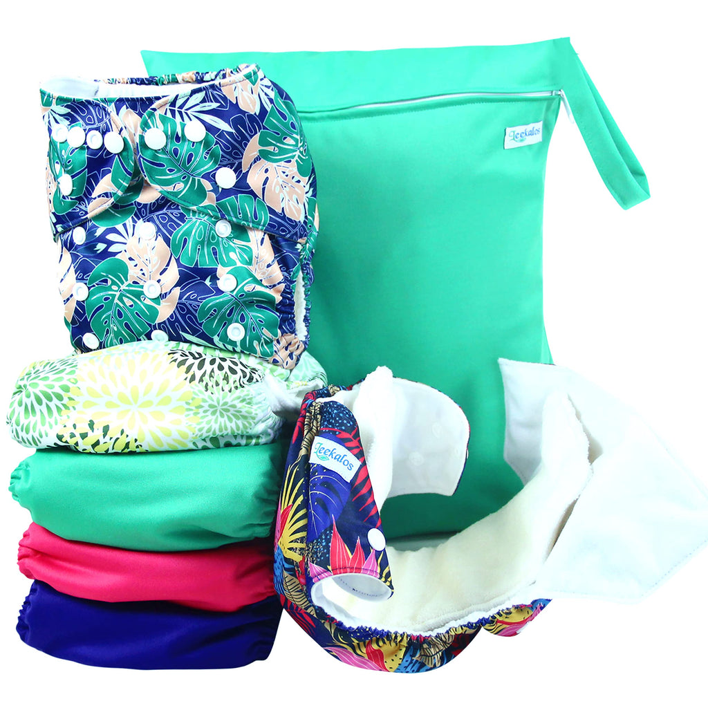 Leekalos Cloth Diapers Reusable for Boys and Girls, Baby Diaper Cloth with Inserts & Wet Bag One Size (Floral)