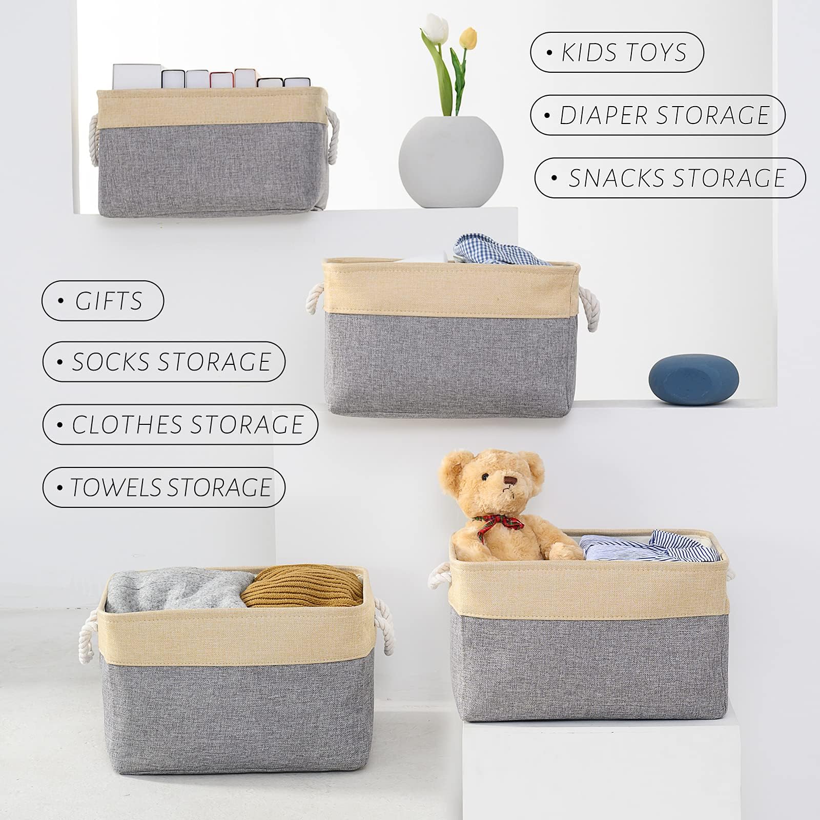 Sacyic Organization and Storage Basket for Organizing - Large 4 Pack 16x12x8 inch Collapsible Baskets for Shelves Fabric Storage Cube, Storage Bins for Laundry Cloth Books Gift (Gold & Grey)