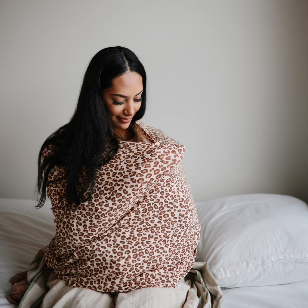 mushie Baby Car Seat Canopy Cover | Breathable & Stretchy Multi Use Cover for Breastfeeding, Nursing, High Chair, Shopping Cart, Strollers (Leopard)