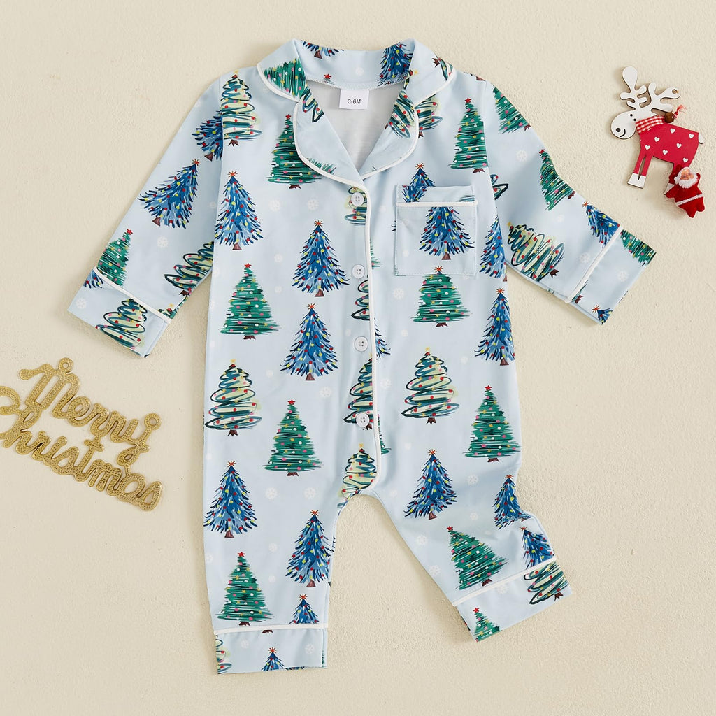 Balaflyie Baby Girl Button Down Pajamas Romper One-Piece Jumpsuit Long Sleeve Sleeper Infant Sleepwear (Christmas Tree&Blue,6-12 Months)