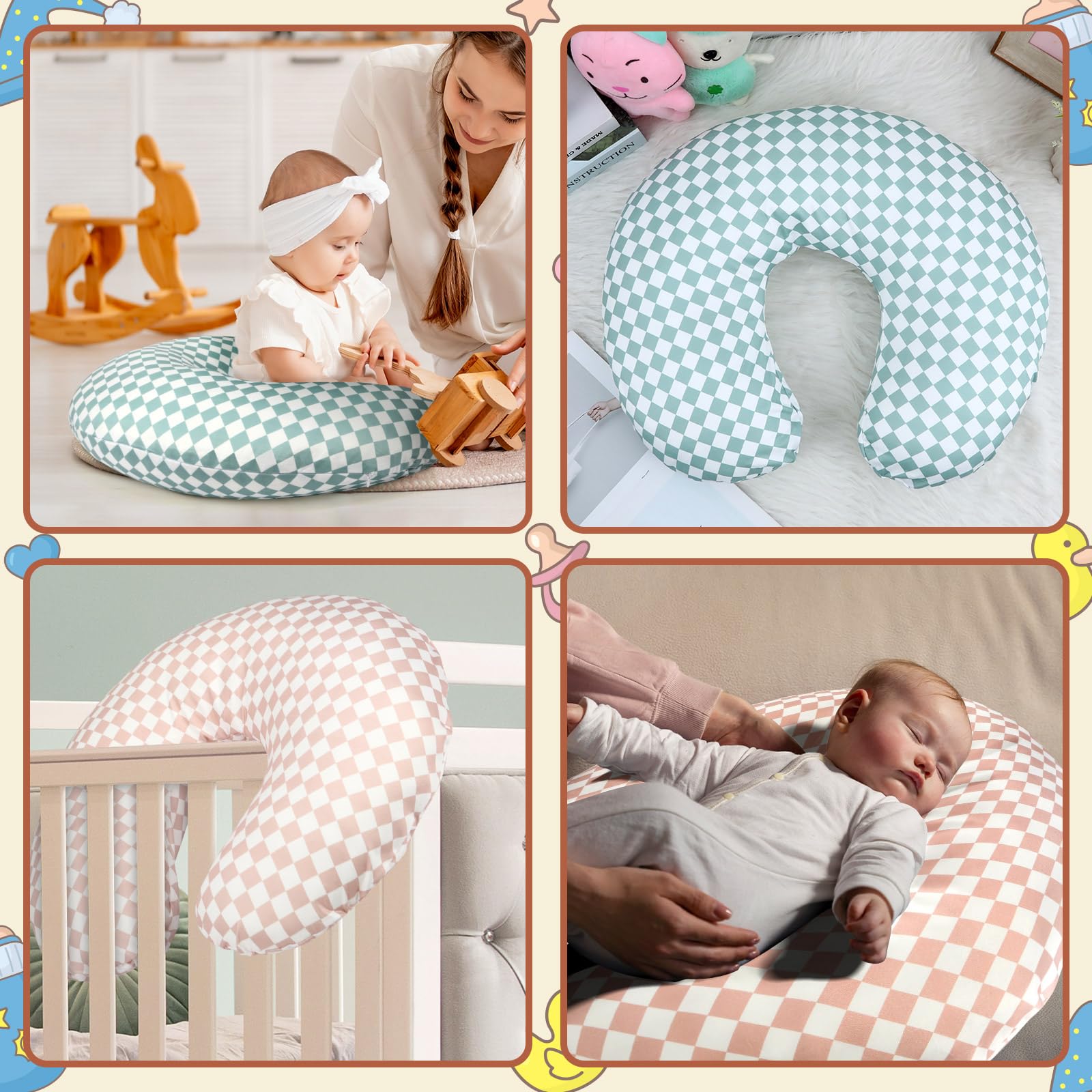FEBSNOW 2 Pack Baby Nursing Pillow Cover, Stretchy Soft Cotton Nursing Cover for Breastfeeding Pillow Removable Comfortable Baby Feeding Slipcovers for Boy Girl, Checkerboard