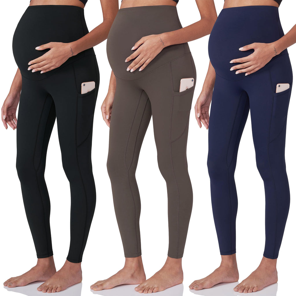 POSHDIVAH 3 Pack Women's Maternity Leggings, Black Brown Navy Blue Medium