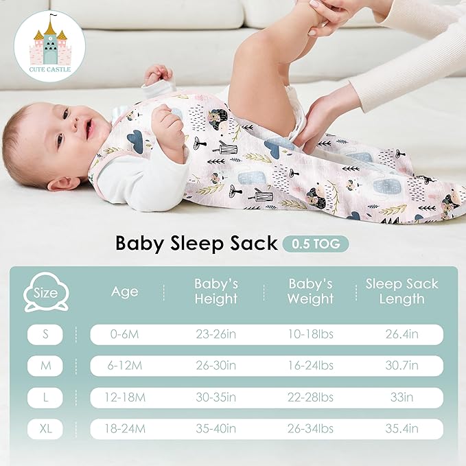 Cute Castle Baby Sleep Sack 6-12 Months - Lightweight 100% Cotton 2-Way Zipper TOG 0.5 Infant Wearable Blanket, Newborn Essentials Toddler Sleep Clothes, 3 Pack(Pink, Bear, Bear Claw)