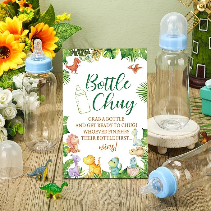 TrelaCo Dinosaur Cool Baby Shower Games Bottle Chug Sign Wooden Green Leaf Gift Sets Gender Reveal Party Favors and 12 Pcs Baby Bottle Shower Favor for Game Gender Reveal