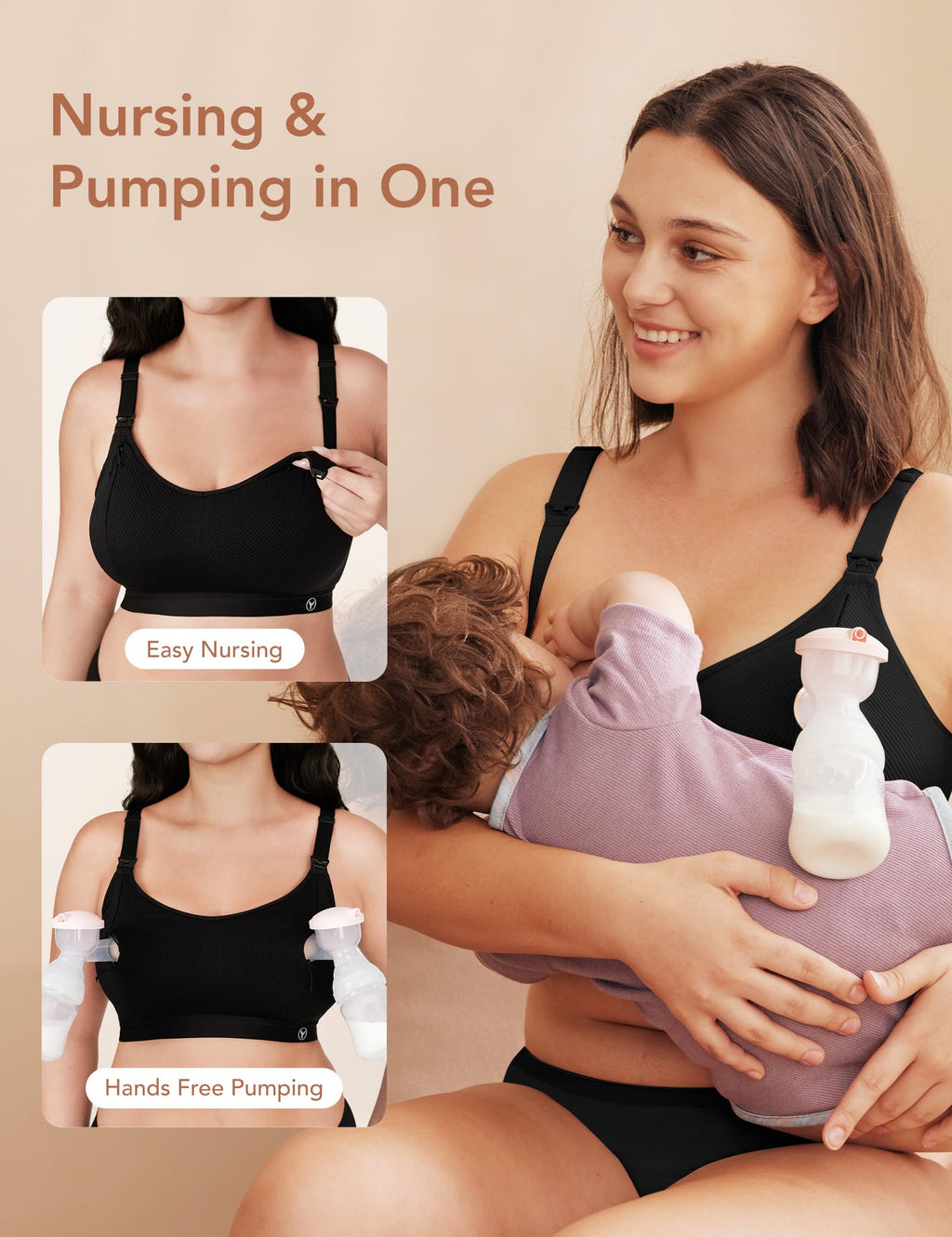 Pumping Bra Hands Free Zip Opening Design Seamless Nursing Bras for Breastfeeding High Support Nursing & Pumping Bra in One Black XL
