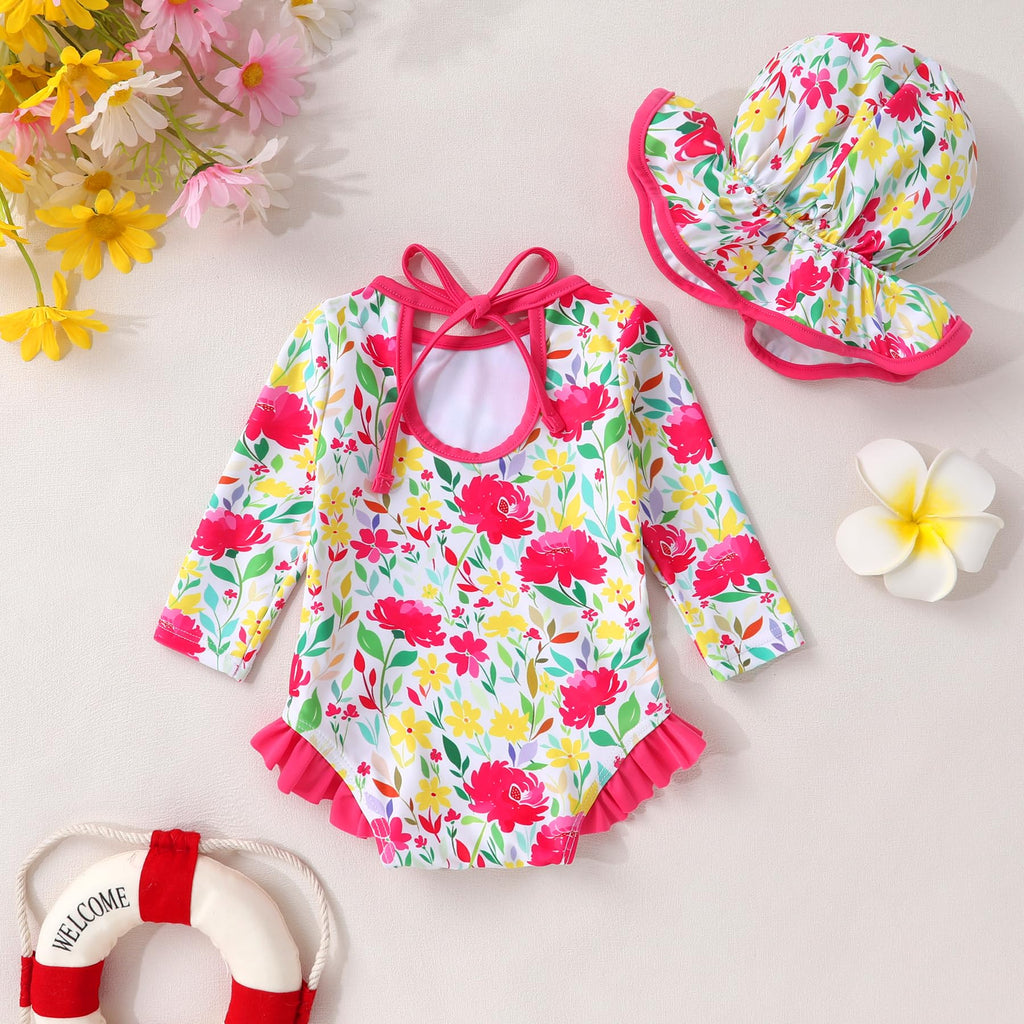 Infant Baby Girls Long Sleeve One Piece Swimsuit with Hat Floral Zipper Bathing Suit Leopard Beach Wear(Rose Red Edged Big Flower，18-24Months)