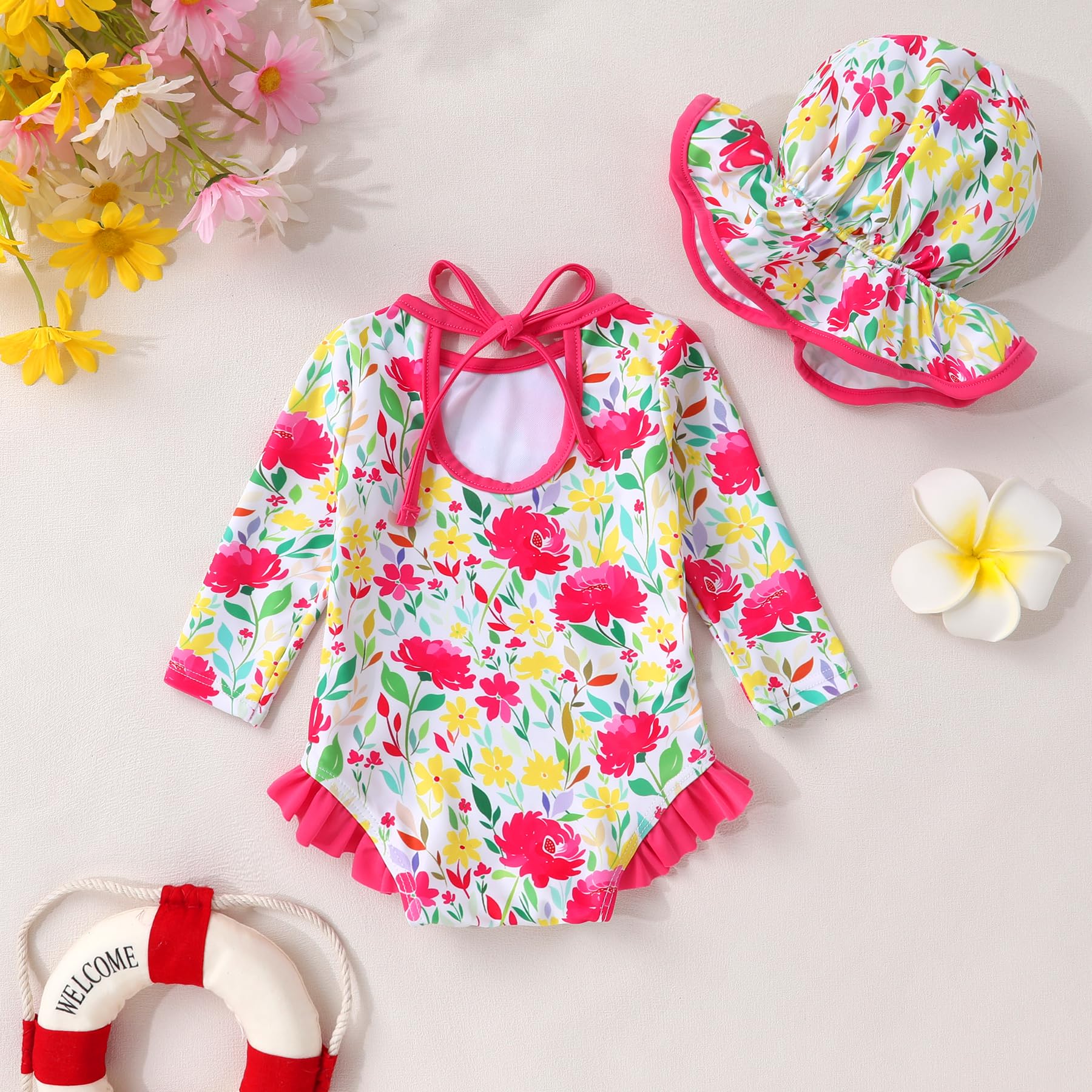 Infant Baby Girls Long Sleeve One Piece Swimsuit with Hat Floral Zipper Bathing Suit Leopard Beach Wear(Rose Red Edged Big Flower，18-24Months)