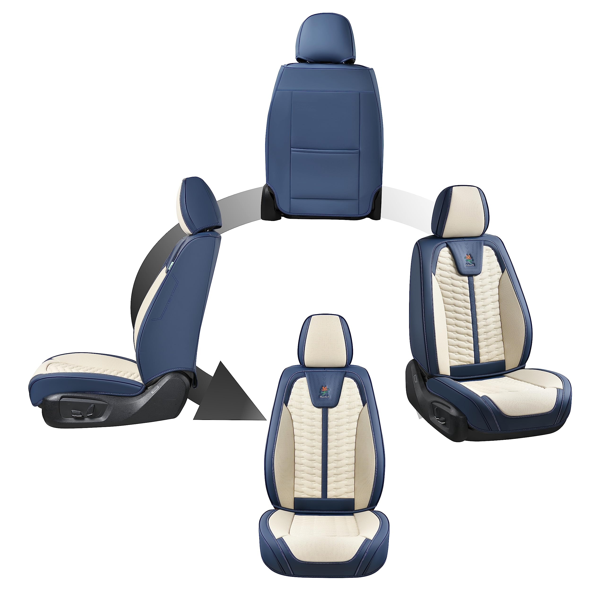 FLORICH Front Seat Covers, Leather Seat Covers, Universal Car Seat Covers 2PCS, Waterproof Car Seat Protector, Driver Seat Cover Accessories for Trucks SUV Sedans-Blue&White
