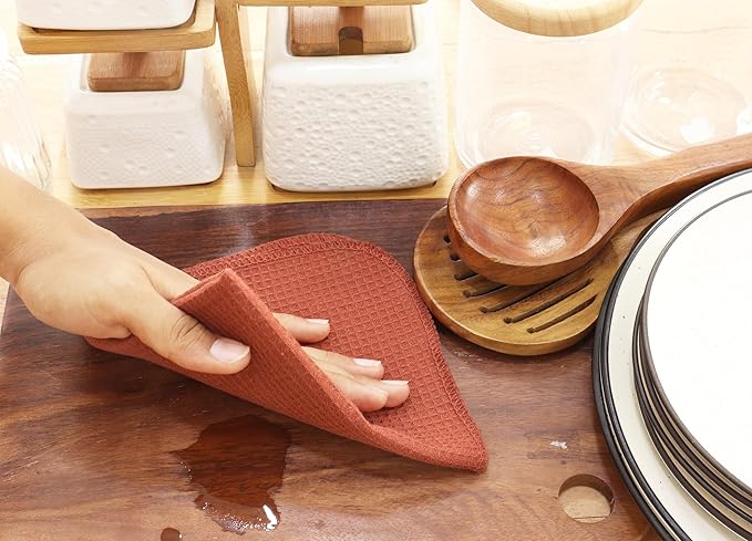 PurpleEssences Rust Dish Cloths and Dish Rags - 6 Pack Waffle Weave Solid Kitchen Dish Wash Cloths, 100% Cotton, 12 x 12 Inches, Ultra Soft Absorbent Quick Drying - Fall Thanksgiving - Rust